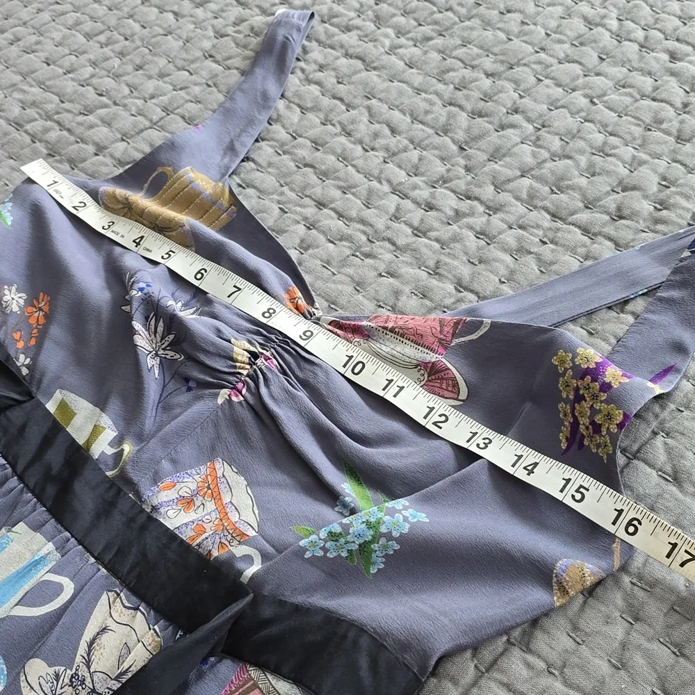 Anthropologie Dress By FLOREAT Teacup Print Purple Silk "Sugar & Cream Dress" - Picture 5 of 16